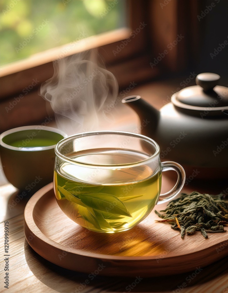 steaming green tea with teapot steaming green tea with teapot