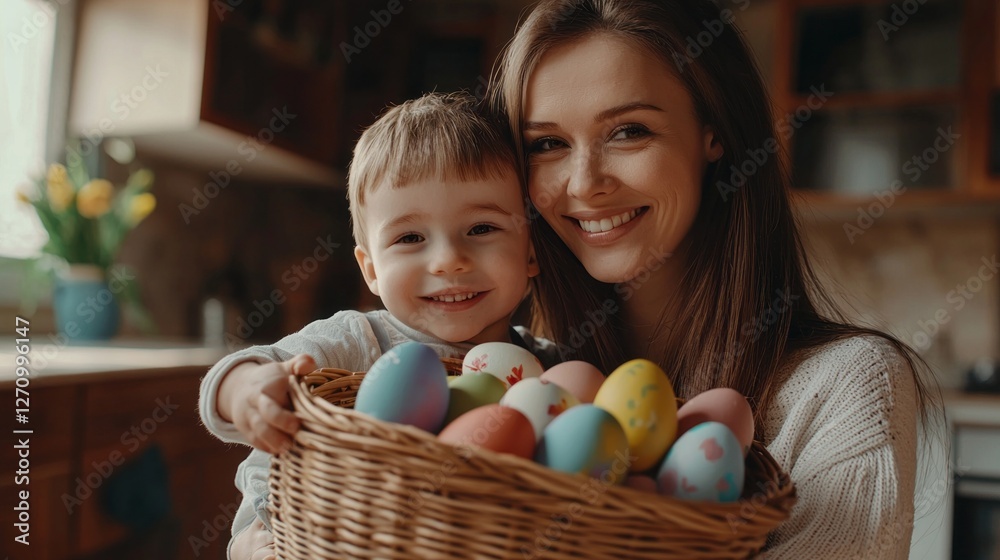 Fototapeta premium A cheerful mother embraces her smiling son as they hold a wicker basket full of beautifully decorated eggs. The cozy kitchen setting adds warmth to their festive joy