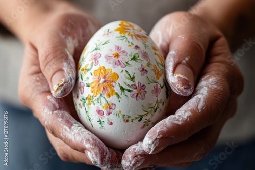 Beautifully decorated Easter egg held in hands showcasing intricate floral designs and artistic care photo