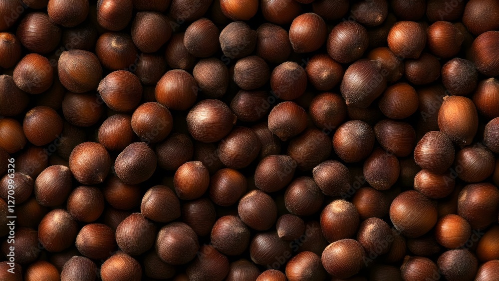 A close-up view of a multitude of brown hazelnuts, showcasing their textured shells in a clustered arrangement. Concept Hazelnut Close-up, Textured Shells, Clustered Arrangement A close-up view of a multitude of brown hazelnuts, showcasing their textured shells in a clustered arrangement. Concept Hazelnut Close-up, Textured Shells, Clustered Arrangement