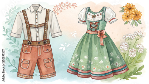 Watercolor lederhosen and dirndl in colorful, detailed representations of traditional Bavarian attire against a pastel backdrop, embodying Oktoberfest culture with copy space  