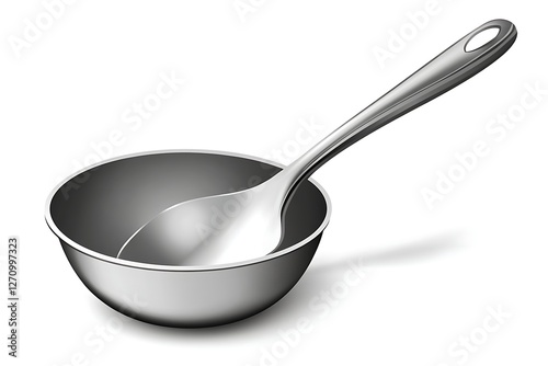 Empty metal bowl with ladle, kitchen utensil, studio shot photo