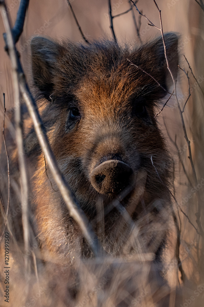 Young wild boar in forest