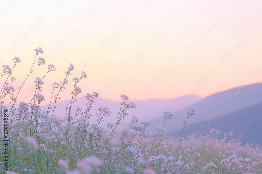Naklejka premium Pastel sunset over field of wildflowers and distant mountains.