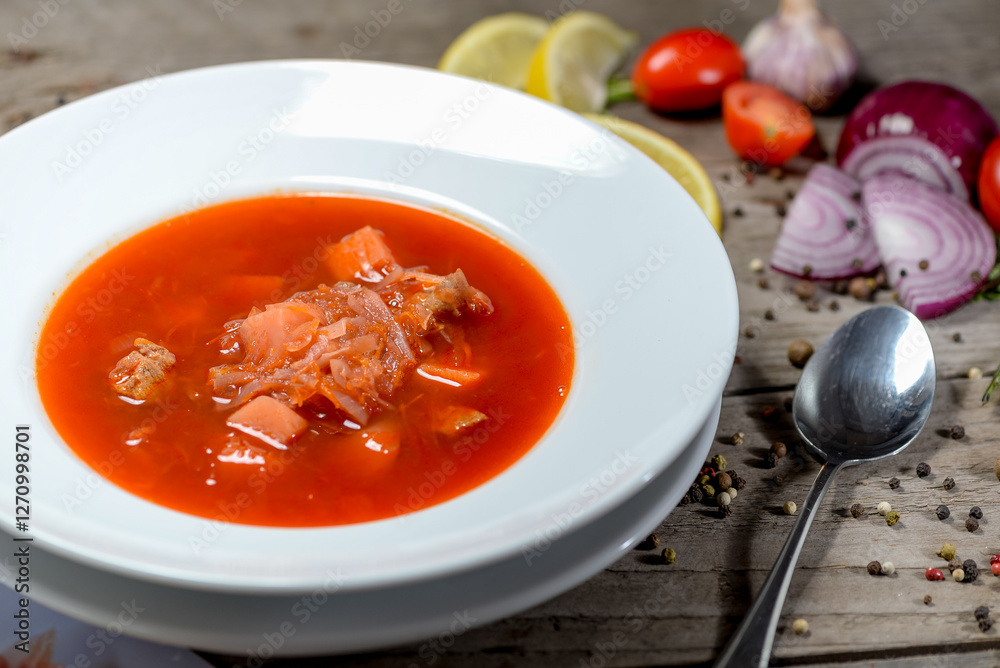 Ukrainian borscht in a white plate Ukrainian borscht in a white plate