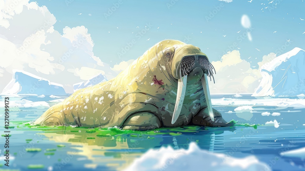 Fototapeta premium A walrus rests on ice in a serene, snowy landscape, surrounded by water and greenery.
