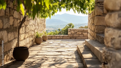 Stone path through a courtyard with a view, sunlit photo