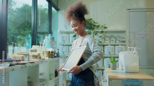 African young woman owner hold open sign at refill shop.