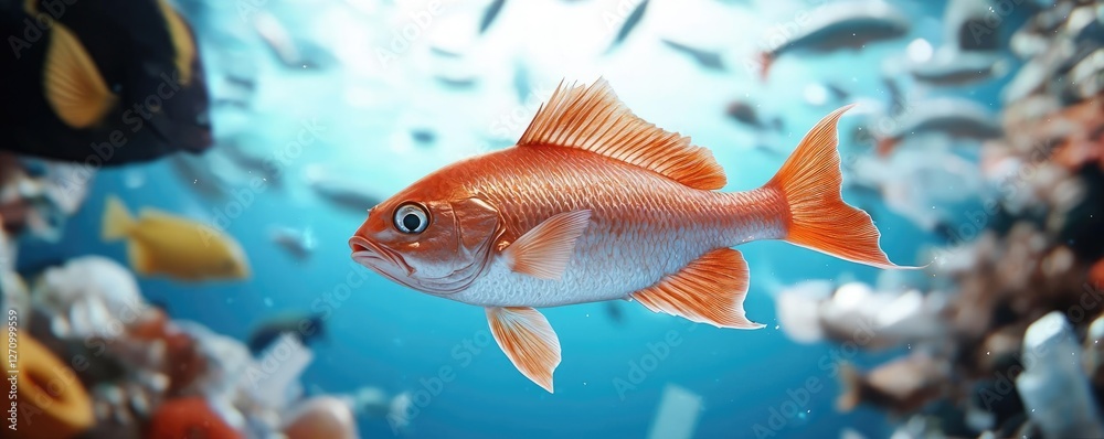Fototapeta premium Plastic pollution concept. A vibrant orange fish swims gracefully through clear ocean waters filled with life.