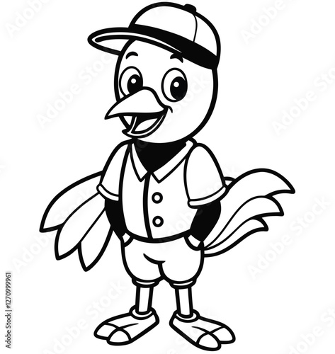Cute Cartoon Bird Baseball Mascot Vector Illustration in Black and White