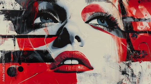 Striking abstract portrait featuring bold colors and graphic lines, emphasizing vibrant lips and expressive eyes.