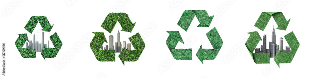 An urban skyline with skyscrapers and green recycling symbols showcasing renewable energy sources like solar panels and wind turbines An urban skyline with skyscrapers and green recycling symbols showcasing renewable energy sources like solar panels and wind turbines