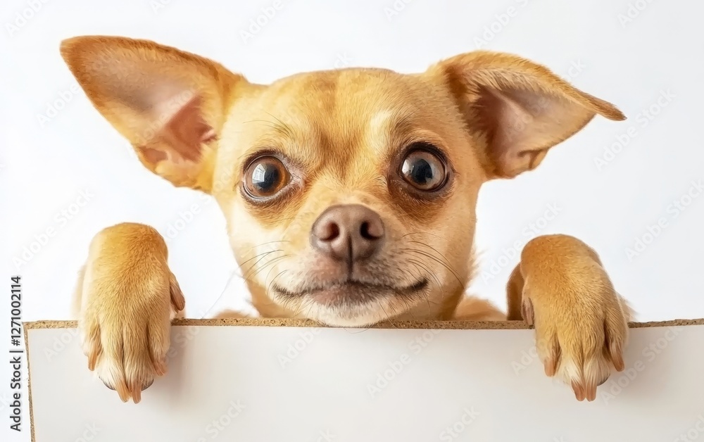 Obraz premium Adorable Small Dog with Big Curious Eyes Playfully Peeking Over a Blank Sign in a Bright Outdoor Setting Evoking Joy and Whimsy in Everyday Life