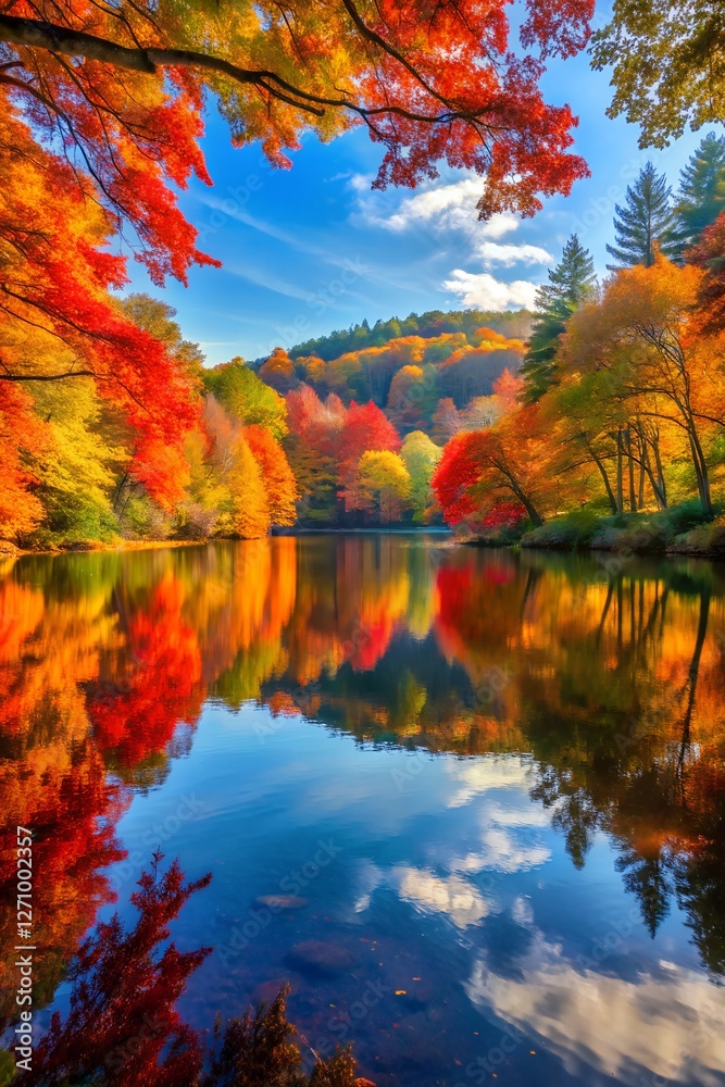 Fototapeta premium Autumn Lake Tranquility: Serene Reflections, Vibrant Foliage, and Golden Light – 10K Ultra-HD Nature Scene