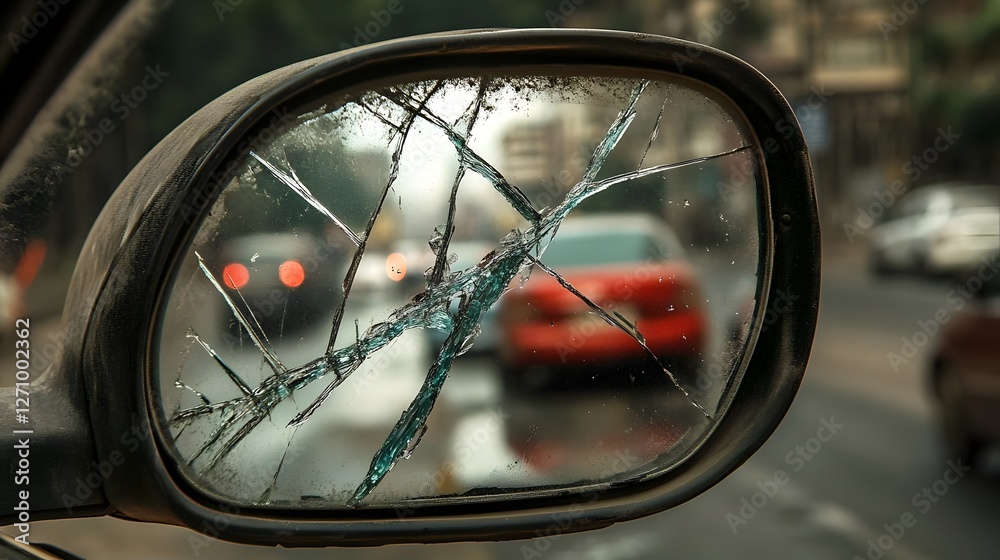 Cracked side mirror reflecting a blurred red car and city traffic in a busy urban setting