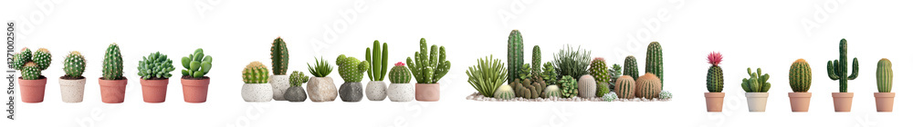 Assortment of diverse cactus and succulent plants in various ceramic pots and terrariums displayed on a simple white background