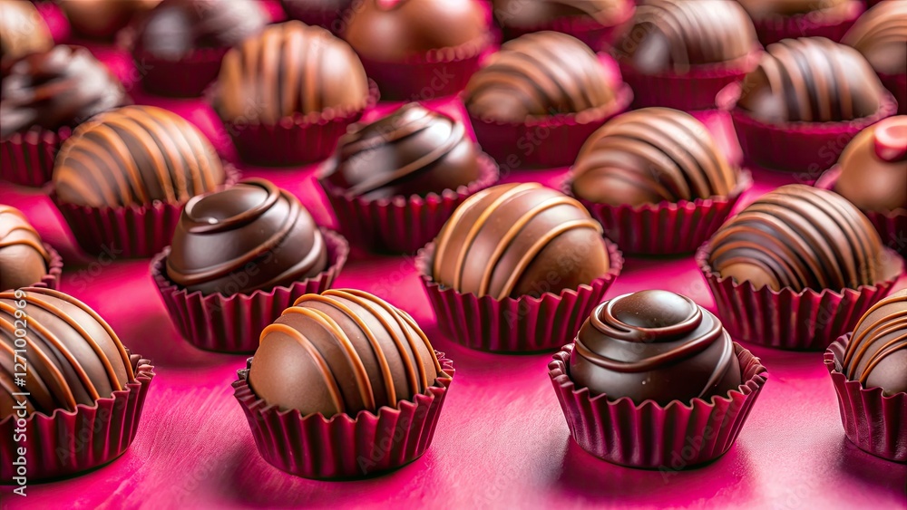 Delicious unwrapped chocolates arranged on a pink background; a sweet treat photography dream. Delicious unwrapped chocolates arranged on a pink background; a sweet treat photography dream.