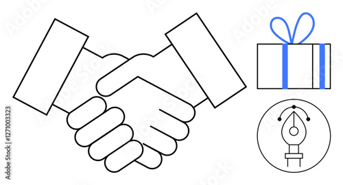 Handshake agreement, gift box with ribbon, and pen tool. Ideal for business partnerships, collaboration, rewards, creativity, graphic design professionalism and mutual agreements. Line metaphor