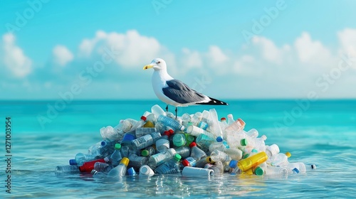 Plastic pollution concept. A seagull stands atop a pile of plastic waste in clear blue ocean water.