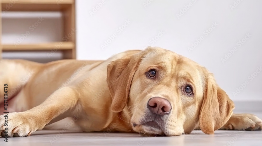 A Relaxed Dog Resting Comfortably on the Floor with Its Head Gently Placed on the Ground in a Calm and Peaceful Indoor Environment A Relaxed Dog Resting Comfortably on the Floor with Its Head Gently Placed on the Ground in a Calm and Peaceful Indoor Environment