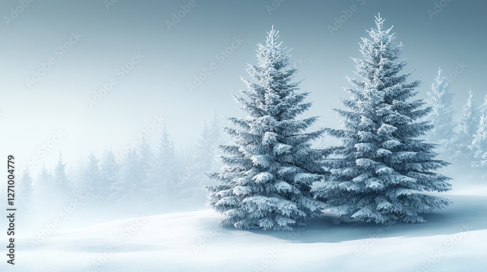 Snowy frosted trees, winter landscape, misty forest Snowy frosted trees, winter landscape, misty forest