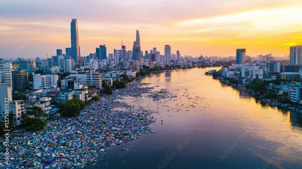 Naklejka premium Plastic pollution concept. Aerial view of a bustling city skyline at sunset beside a river filled with waste.