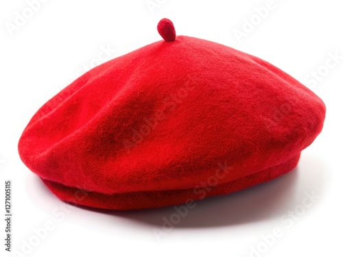 Drone shot: Close-up of a red French beret on white. Perfect fashion accessory, ideal photography prop.