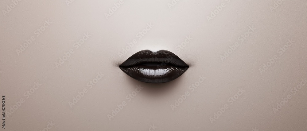 Fototapeta premium Close-up of a woman's lips. the lips are black and appear to be full and glossy. the background is a light beige color, and the focus is on the lips in the center of the image.