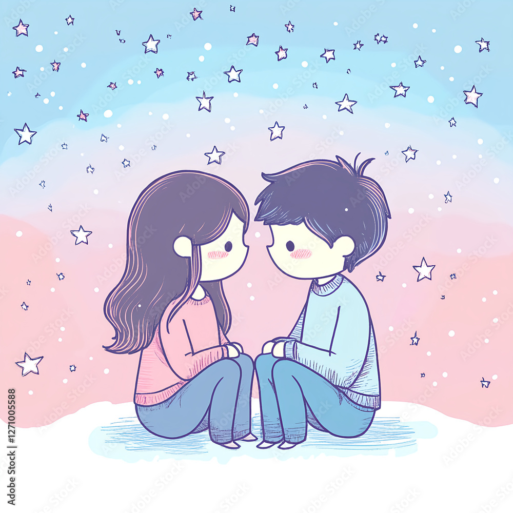 Sweet moment between two animated characters under the stars Sweet moment between two animated characters under the stars