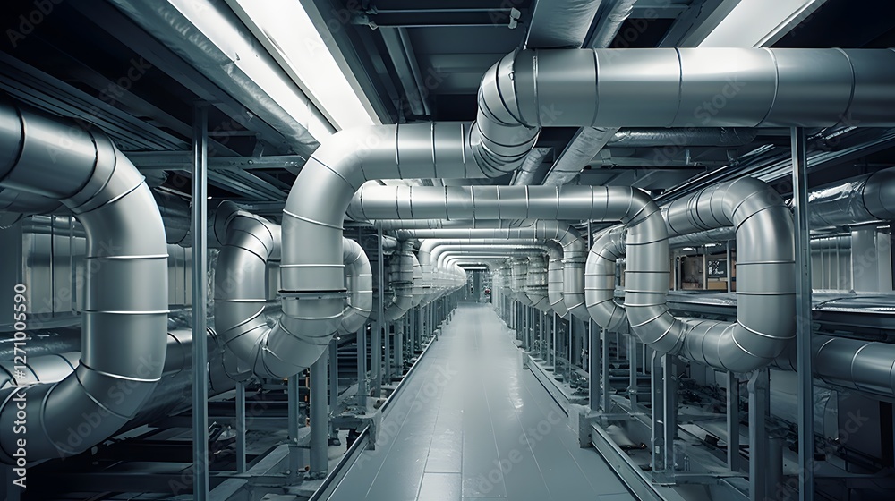 Naklejka premium Intricate and complex network of air ducts featuring advanced noise reducing insulation materials designed for efficient climate control and ventilation in industrial commercial