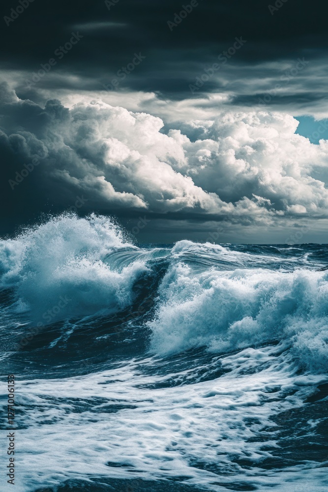 Turbulent ocean waves under dramatic stormy skies Turbulent ocean waves under dramatic stormy skies