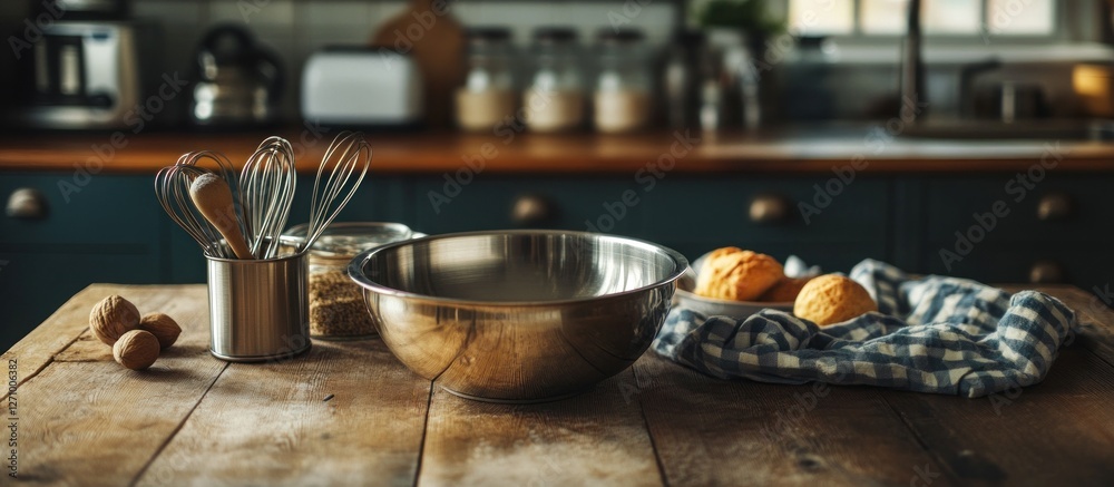 Rustic kitchen scene with mixing bowl, whisks, and baked goods on wooden table. Rustic kitchen scene with mixing bowl, whisks, and baked goods on wooden table.