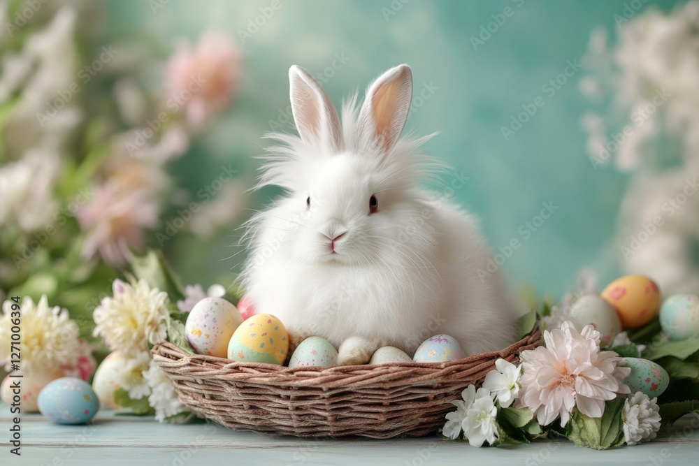Cute fluffy white easter rabbit nestled in a basket with pastel eggs for holiday decor Cute fluffy white easter rabbit nestled in a basket with pastel eggs for holiday decor
