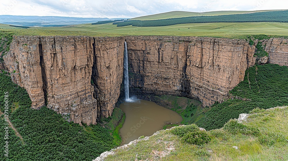 Fototapeta premium Powerful and large waterfall cascading down rocky cliff into clear pool below