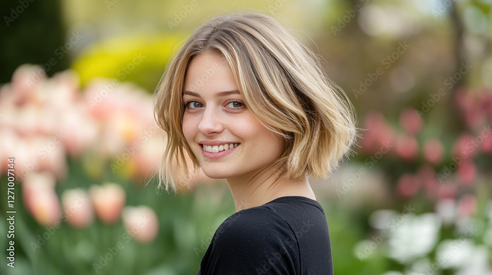 Blond woman in black t-shirt smiling enjoying vacation trip at tulip garden