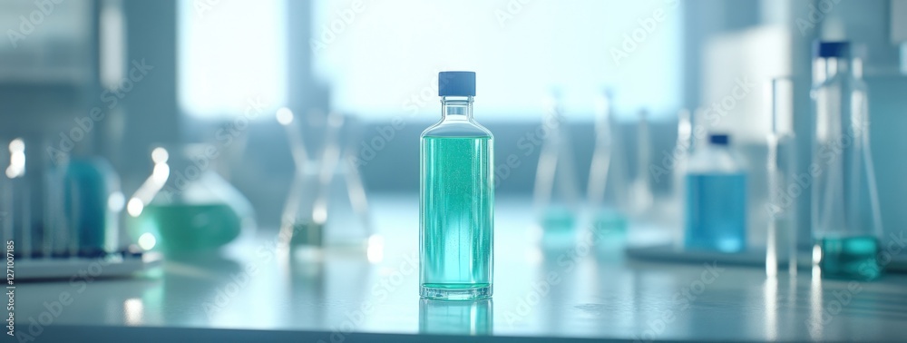 Teal liquid in a glass bottle on a lab bench with other lab equipment out of focus. Teal liquid in a glass bottle on a lab bench with other lab equipment out of focus.