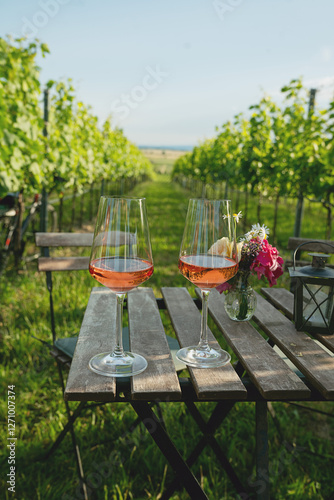 Glasses of rose wine on the vineyard scenery
