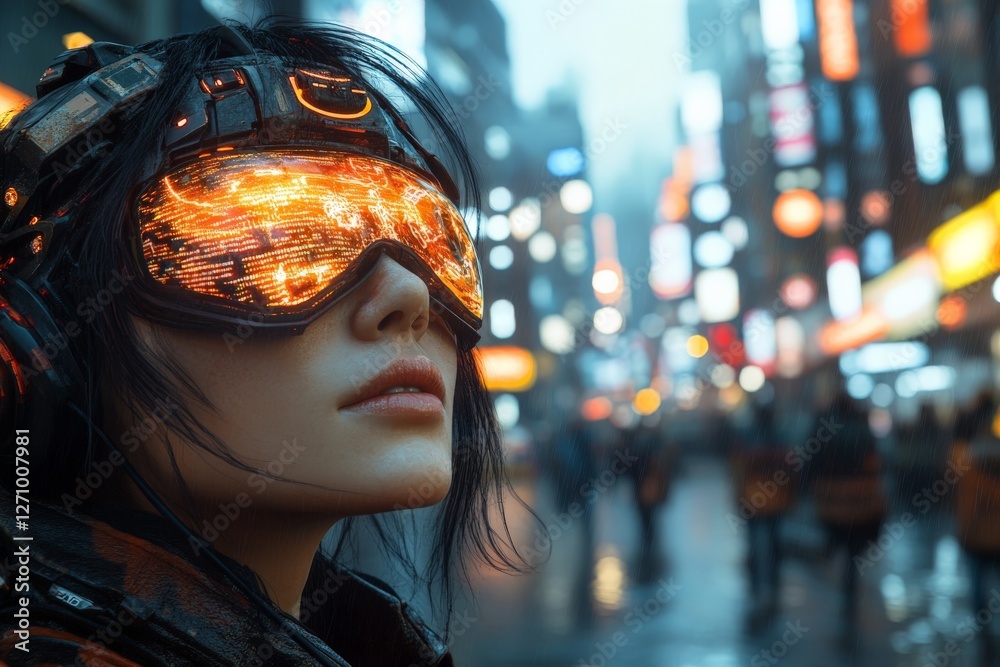 Futuristic woman in neon city with advanced technology glasses at night amid vibrant urban lights Futuristic woman in neon city with advanced technology glasses at night amid vibrant urban lights