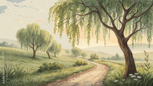 Watercolor landscape with a willow-lined path in soft earth tones and greens, symbolizing hope and renewal for Willow Sunday with copy space 