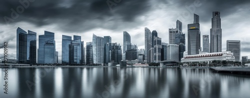 Dramatic cityscape panorama reflecting in calm water under stormy clouds.