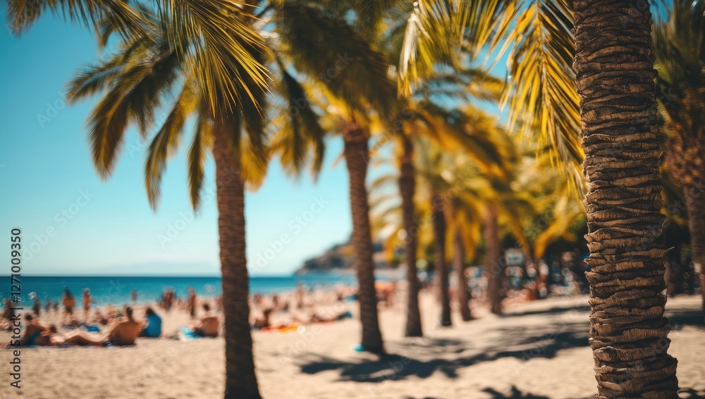 Obraz premium Sunny beach with palm trees and people relaxing.