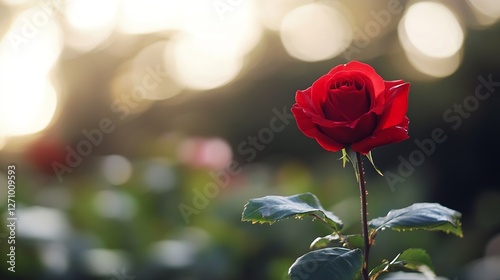 Vibrant Red Rose Blooming in the Garden with Soft Glowing Background Highlights : Generative AI