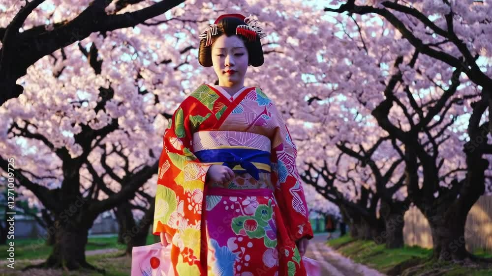 A Maiko is walking along a row of cherry blossom trees. A Maiko is walking along a row of cherry blossom trees.