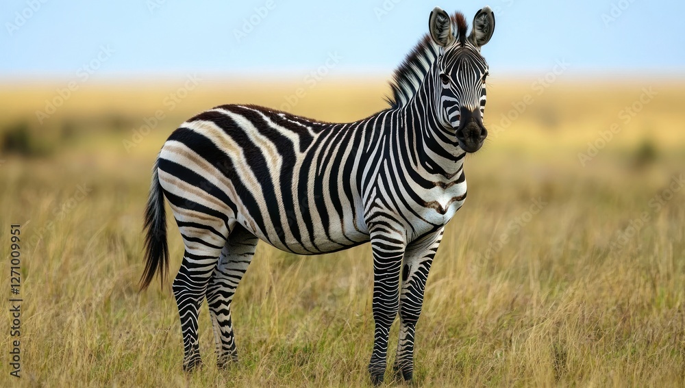 Obraz premium A young zebra stands in a grassy savanna, looking directly at the camera.