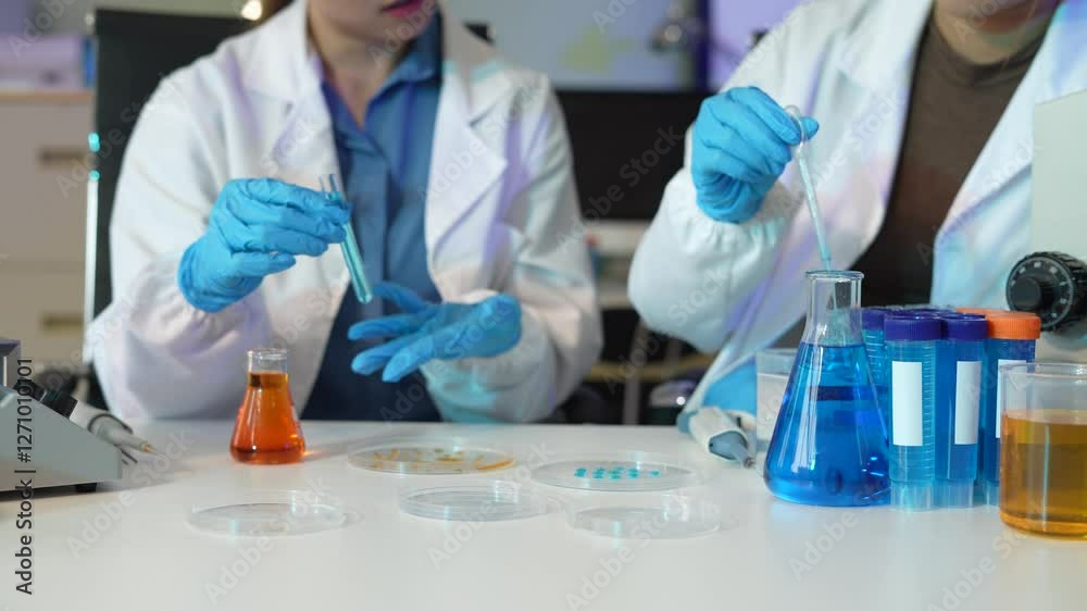 Science and medicine, scientist team analyzing and dropping a sample into a glassware, experiments containing chemical liquid in laboratory on glassware, innovative and technology. Science and medicine, scientist team analyzing and dropping a sample into a glassware, experiments containing chemical liquid in laboratory on glassware, innovative and technology.
