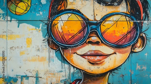 Graffiti texture featuring urban street art, playful elements of children and sports