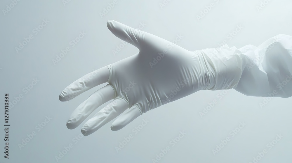 Hand in a white medical glove, profile view, isolated on a clean white background Hand in a white medical glove, profile view, isolated on a clean white background