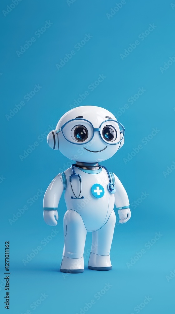 Cute white robot wearing glasses and a stethoscope, representing AI robot assist in healthcare, medical robotics, robotic surgery, AI agent Cute white robot wearing glasses and a stethoscope, representing AI robot assist in healthcare, medical robotics, robotic surgery, AI agent