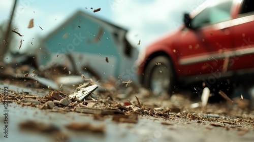 A tornado tore through a small town, causing damage to houses and vehicles with debris swirling in the violent winds.