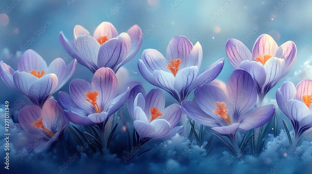 A vibrant painting of crocuses in full bloom, their purple and white petals creating an enchanting scene. A vibrant painting of crocuses in full bloom, their purple and white petals creating an enchanting scene.